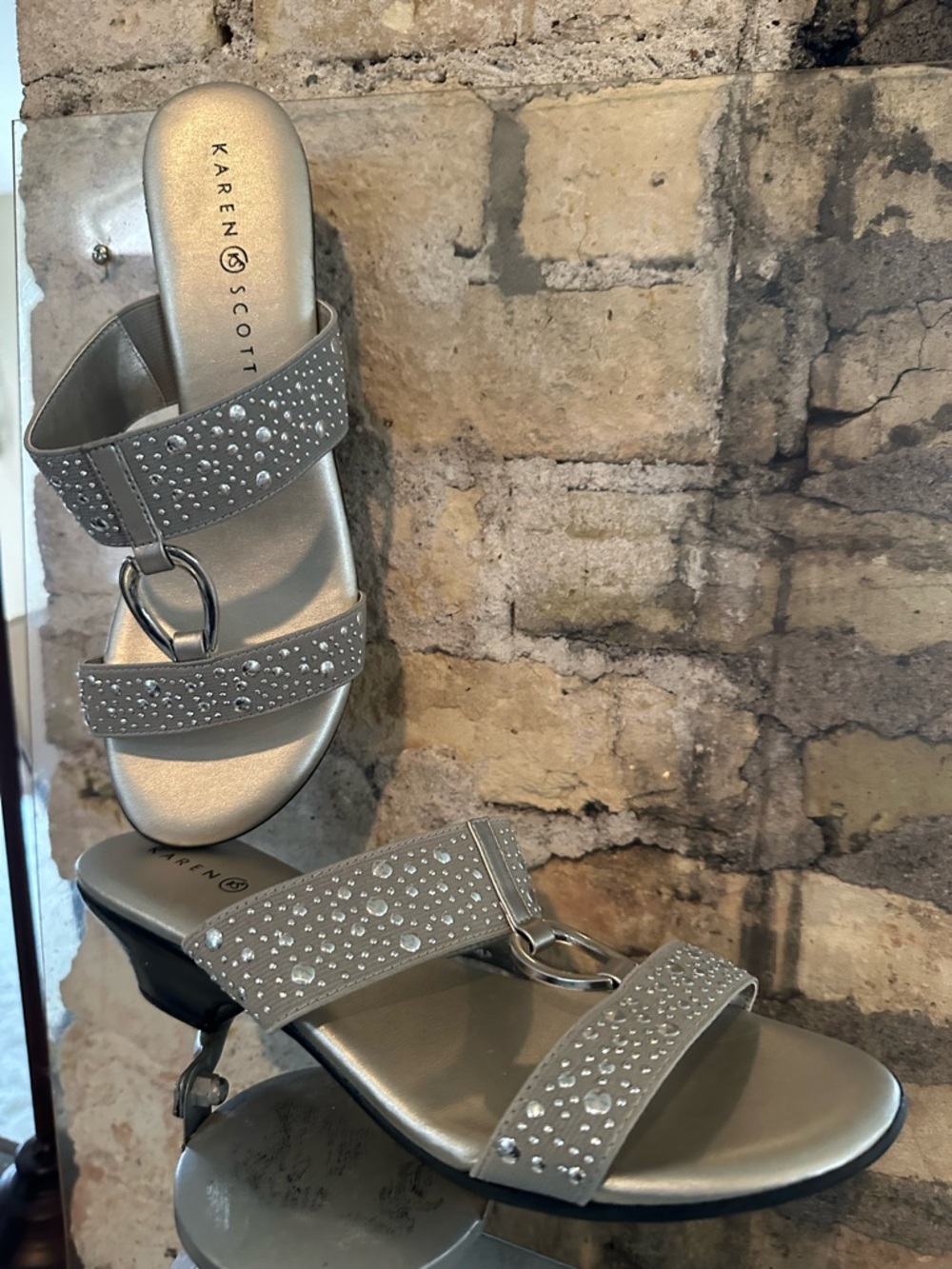 Karen Scott Silver Rhinestone Double-Strap Slide Mules